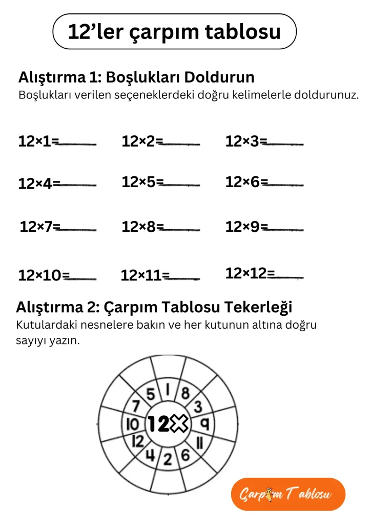 12 çarpım tablosunu pratik yapmak için yazdırılabilir çalışma sayfası, çarpma problemleri içerir.