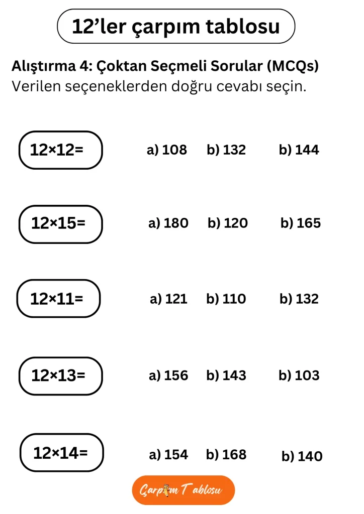 12 çarpım tablosunu pekiştirmeye yönelik eğlenceli ve öğretici yazdırılabilir egzersiz.